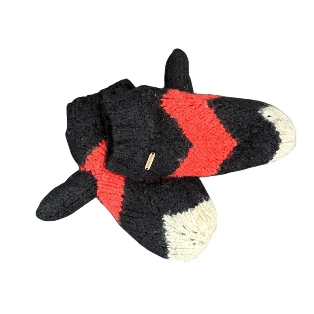 Free People Chunky Knit Chevron Mittens Black Red Cream Wool Blend Fleece Lined